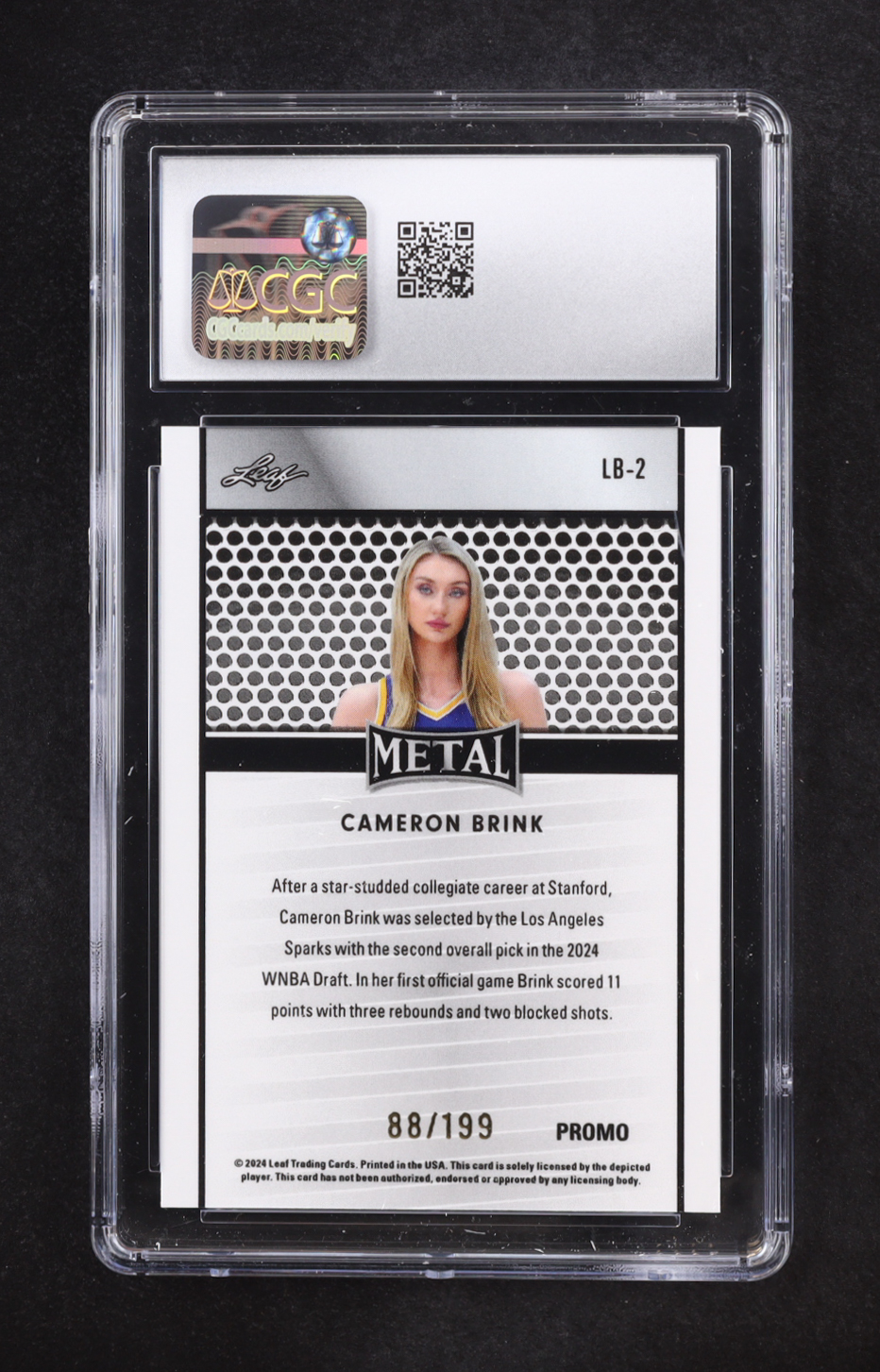 Cameron Brink 2024 Leaf Metal Collective Promos Purple Shimmer #LB-2 RC #88/199 (CGC 10) at PristineAuction.com Cameron Brink 2024 Leaf Metal Collective Promos Purple Shimmer #LB-2 RC #88/199 (CGC 10) at PristineAuction.com