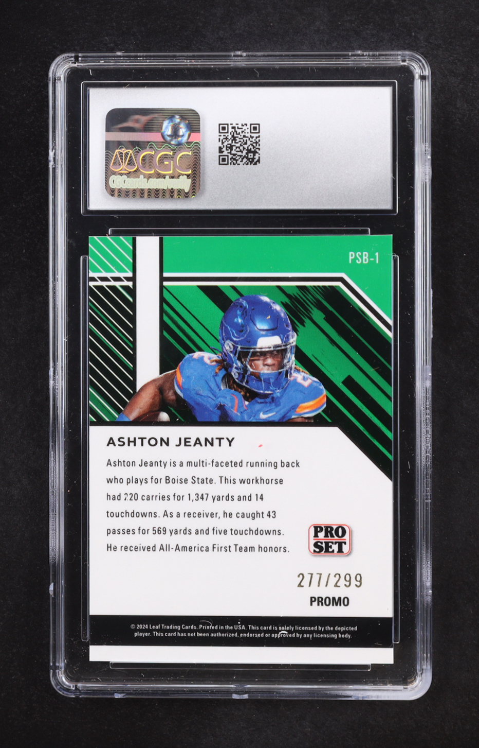 Ashton Jeanty 2024 Leaf Collective Promos Pro Set Orange Shimmer #PSB-1 RC #277/299 (CGC 10) at PristineAuction.com Ashton Jeanty 2024 Leaf Collective Promos Pro Set Orange Shimmer #PSB-1 RC #277/299 (CGC 10) at PristineAuction.com