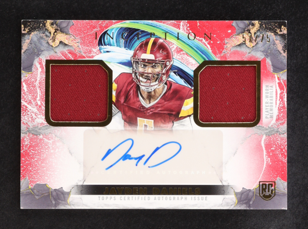 Jayden Daniels 2024 Topps Inception Franchise Foundation Relic Autographs Red #FFRAJD RC #57/75