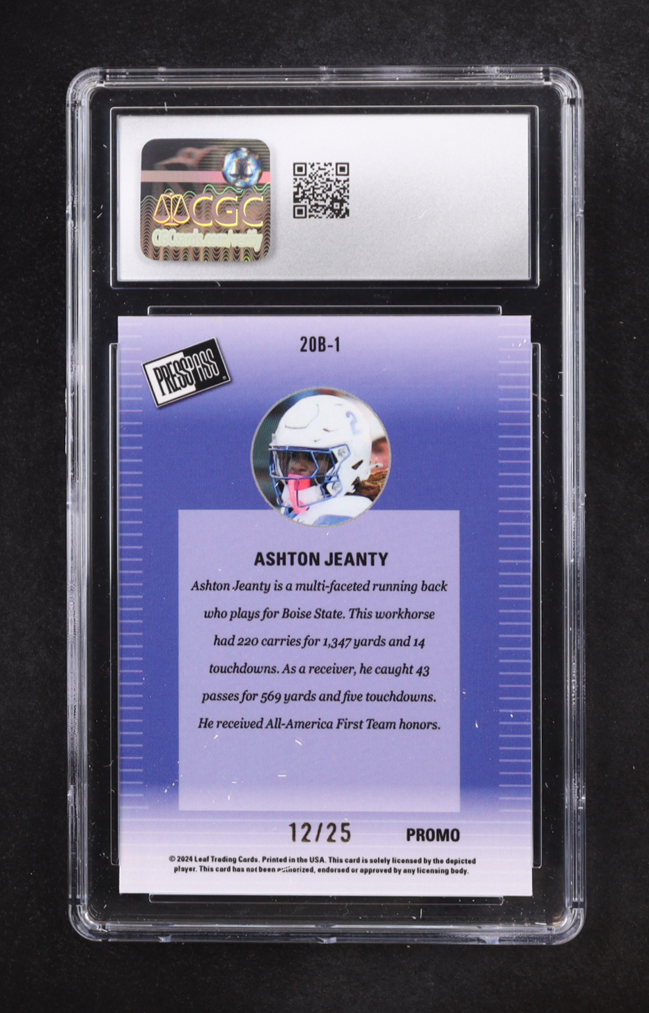 Ashton Jeanty 2024 Leaf Collective Promos '00 Press Pass Black Shimmer #20B-1 RC #12/25 (CGC 9.5) at PristineAuction.com Ashton Jeanty 2024 Leaf Collective Promos '00 Press Pass Black Shimmer #20B-1 RC #12/25 (CGC 9.5) at PristineAuction.com