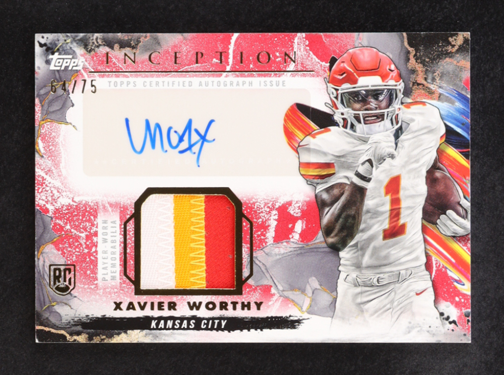 Xavier Worthy 2024 Topps Inception Provenance Patch Autographs Red #PPAXW RC #64/75