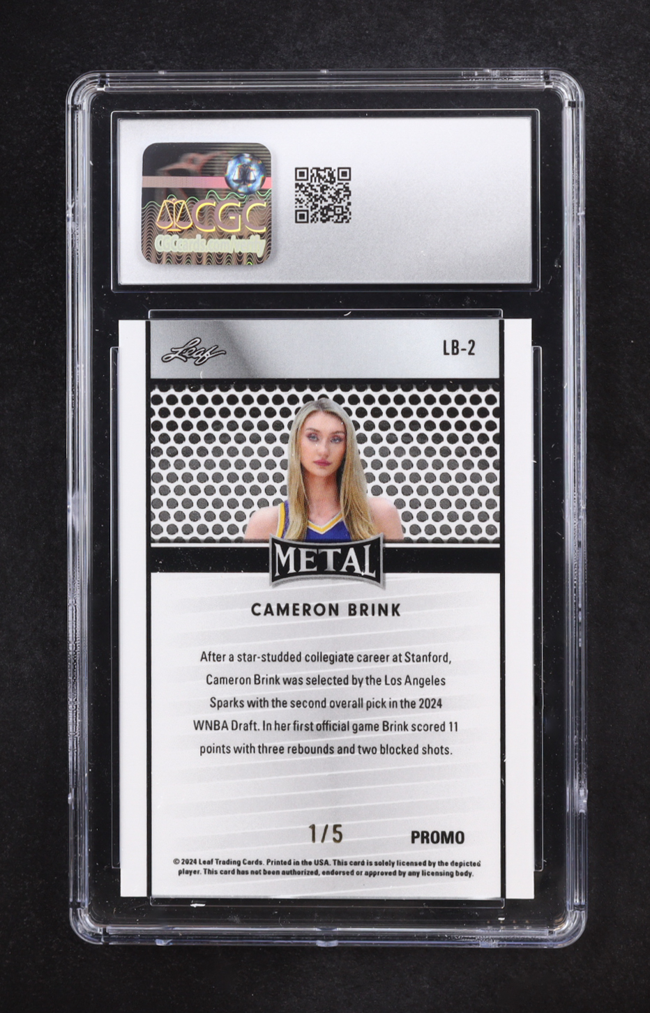 Cameron Brink 2024 Leaf Metal Collective Promos Pro Set White Shimmer #LB-2 RC #1/5 (CGC 9.5) at PristineAuction.com Cameron Brink 2024 Leaf Metal Collective Promos Pro Set White Shimmer #LB-2 RC #1/5 (CGC 9.5) at PristineAuction.com