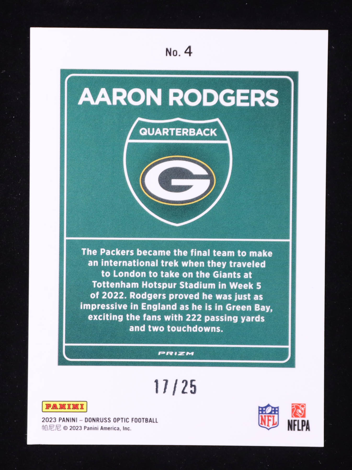 Aaron Rodgers 2023 Donruss Optic Downtown International Black Pandora #4 #17/25 at PristineAuction.com Aaron Rodgers 2023 Donruss Optic Downtown International Black Pandora #4 #17/25 at PristineAuction.com