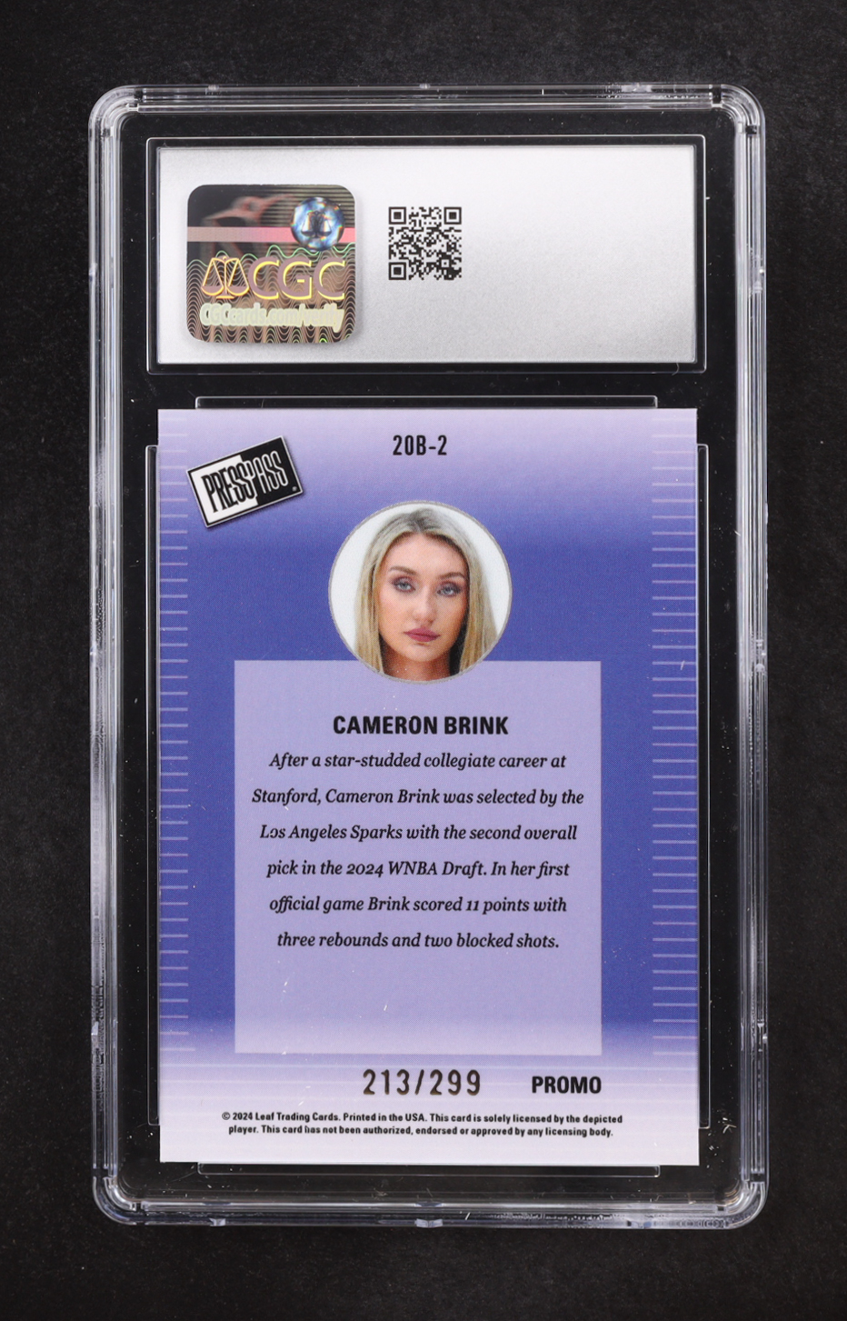 Cameron Brink 2024 Leaf Collective Promos '00 Press Pass Orange Shimmer #20B-2 RC #213/299 (CGC 10) at PristineAuction.com Cameron Brink 2024 Leaf Collective Promos '00 Press Pass Orange Shimmer #20B-2 RC #213/299 (CGC 10) at PristineAuction.com