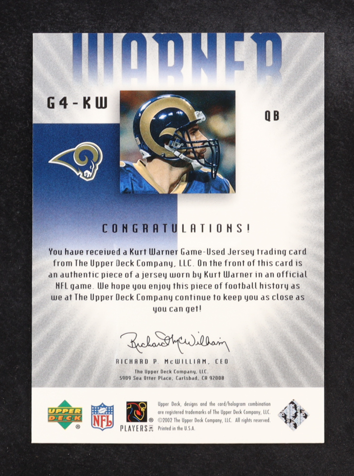 Kurt Warner 2002 UD Graded Jerseys #G4KW #/75 at PristineAuction.com Kurt Warner 2002 UD Graded Jerseys #G4KW #/75 at PristineAuction.com
