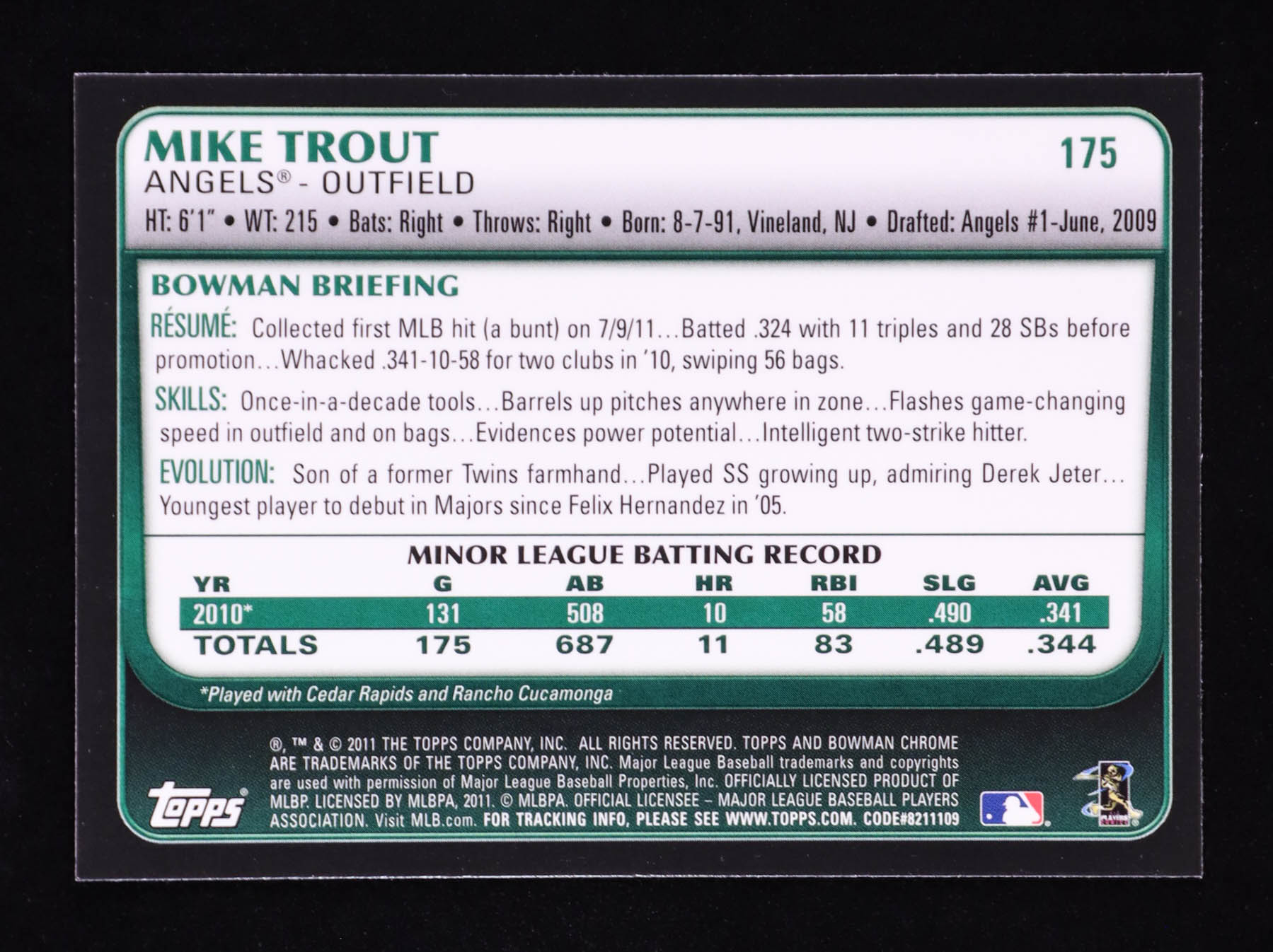 Mike Trout 2011 Bowman Chrome #175 RC at PristineAuction.com Mike Trout 2011 Bowman Chrome #175 RC at PristineAuction.com