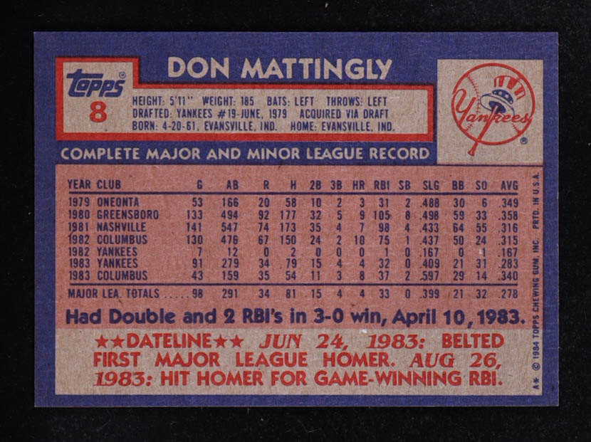 Don Mattingly 1984 Topps #8 RC at PristineAuction.com Don Mattingly 1984 Topps #8 RC at PristineAuction.com
