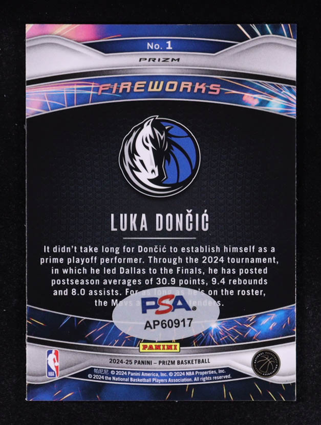 Luka Doncic Signed 2024-25 Panini Prizm Fireworks Prizms Silver #1 (PSA) at PristineAuction.com Luka Doncic Signed 2024-25 Panini Prizm Fireworks Prizms Silver #1 (PSA) at PristineAuction.com