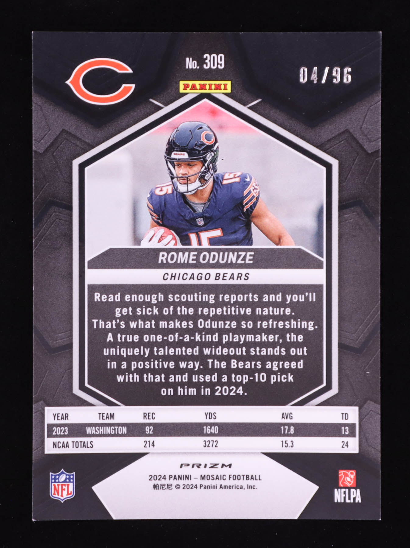 Rome Odunze 2024 Panini Mosaic Blue Sparkle #309 RC #4/96 at PristineAuction.com Rome Odunze 2024 Panini Mosaic Blue Sparkle #309 RC #4/96 at PristineAuction.com