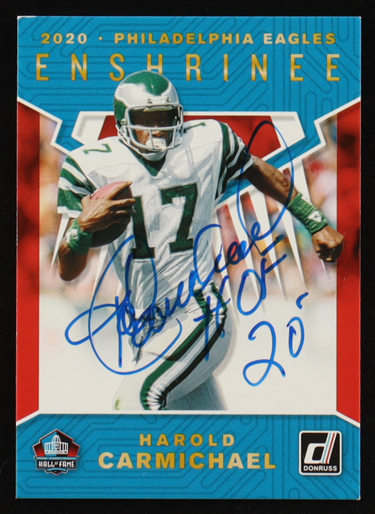 Harold Carmichael Signed 2020 Panini Donruss Hall of Fame Enshrinee #NNO Inscribed "HOF 20" (JSA) at PristineAuction.com Harold Carmichael Signed 2020 Panini Donruss Hall of Fame Enshrinee #NNO Inscribed "HOF 20" (JSA) at PristineAuction.com
