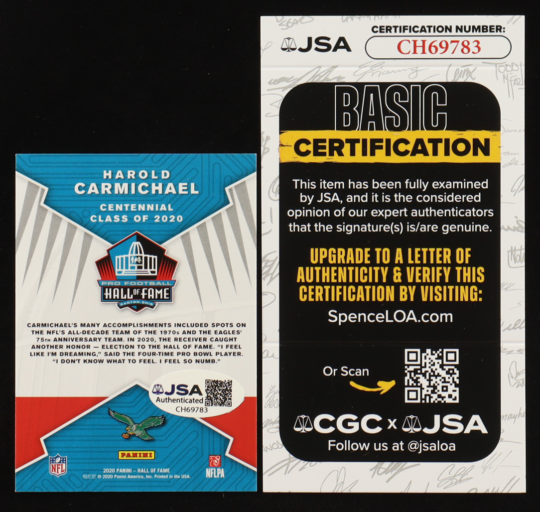 Harold Carmichael Signed 2020 Panini Donruss Hall of Fame Enshrinee #NNO Inscribed "HOF 20" (JSA) at PristineAuction.com Harold Carmichael Signed 2020 Panini Donruss Hall of Fame Enshrinee #NNO Inscribed "HOF 20" (JSA) at PristineAuction.com