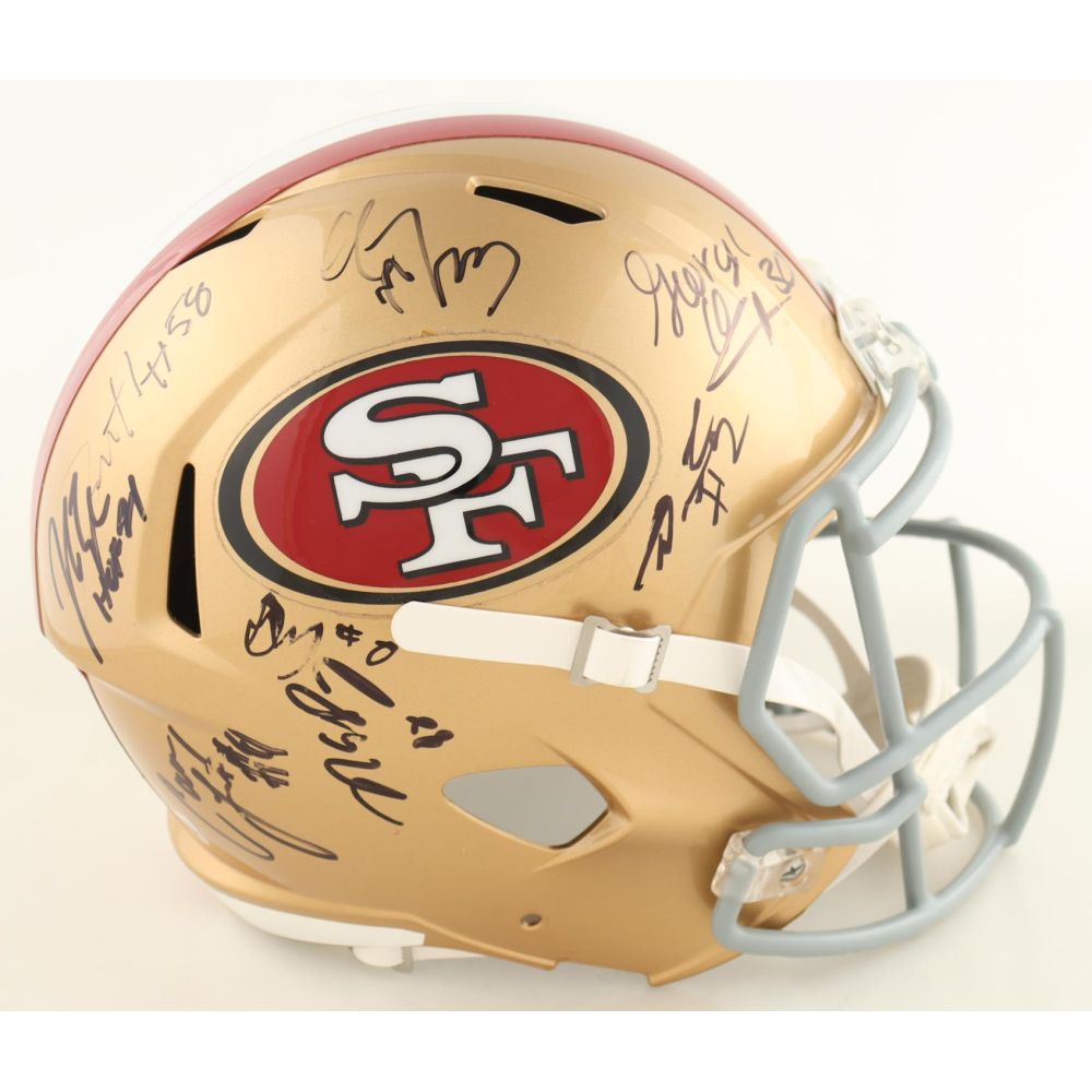 2023-24 49ers Full-Size Speed Helmet Signed by (22) With Christian McCaffrey, Brandon Aiyuk, George Kittle, Sam Darnold (Beckett) at PristineAuction.com