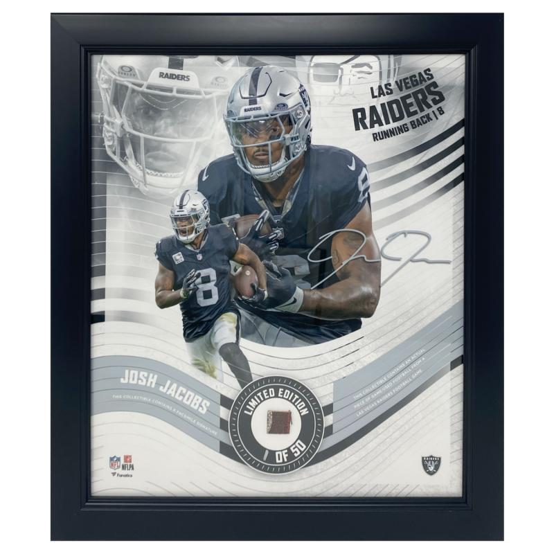 Josh Jacobs Raiders LE Custom Framed Display with Piece of Game-Used Football at PristineAuction.com Josh Jacobs Raiders LE Custom Framed Display with Piece of Game-Used Football at PristineAuction.com