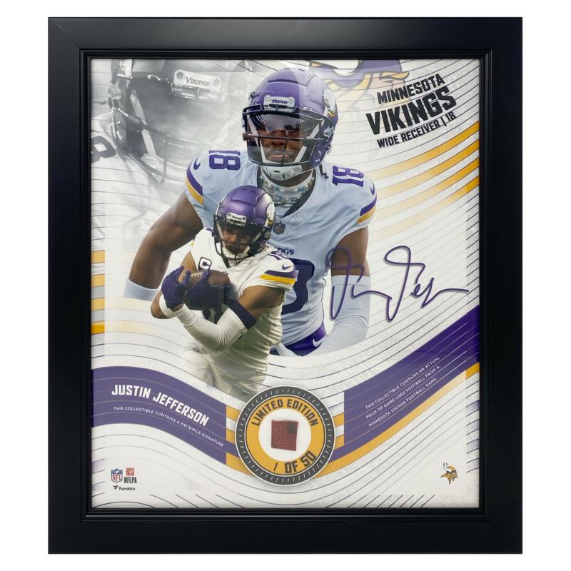 Justin Jefferson Vikings LE Custom Framed Display with Piece of Game-Used Football at PristineAuction.com Justin Jefferson Vikings LE Custom Framed Display with Piece of Game-Used Football at PristineAuction.com