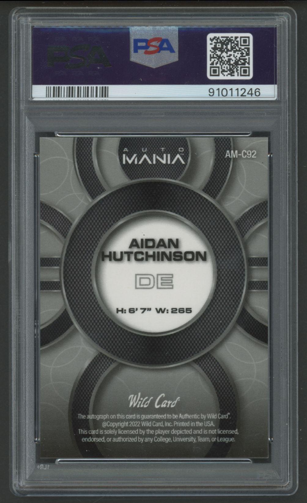 Aidan Hutchinson 2022 Wild Card Auto Mania Purple Sparkles Autographs #AMC92 #23/75 (PSA 10) at PristineAuction.com Aidan Hutchinson 2022 Wild Card Auto Mania Purple Sparkles Autographs #AMC92 #23/75 (PSA 10) at PristineAuction.com