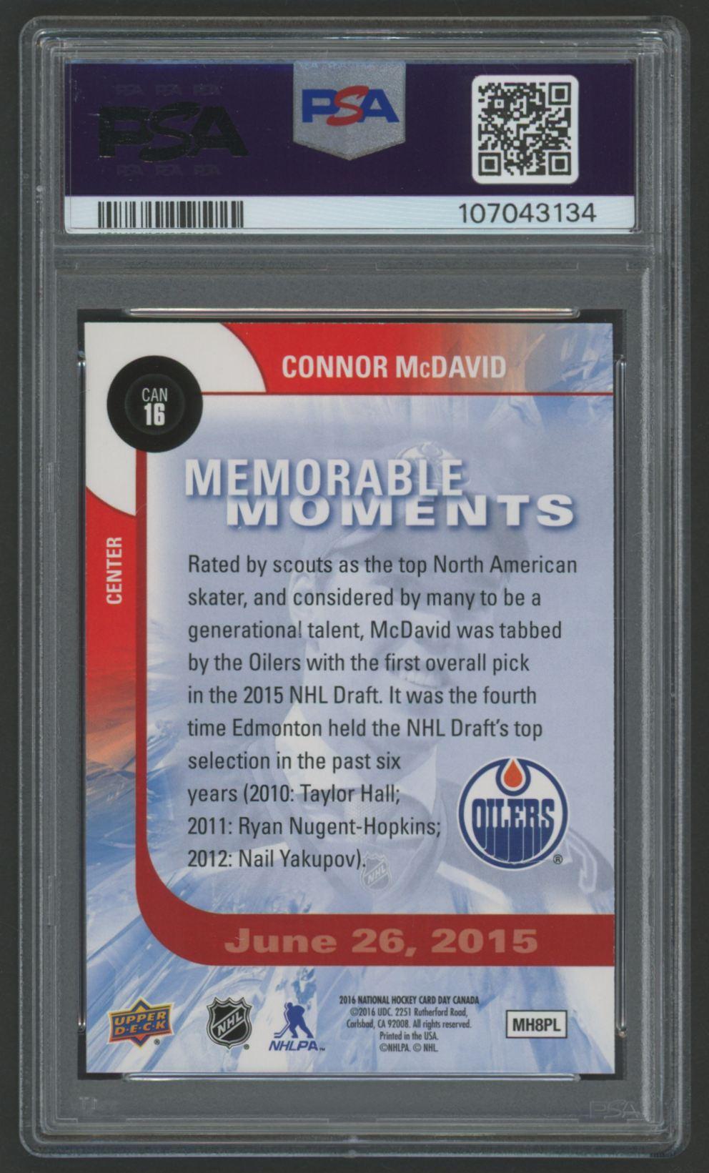 Connor McDavid 2016-17 Upper Deck National Hockey Card Day Canada #CAN16 RC (PSA 10) at PristineAuction.com Connor McDavid 2016-17 Upper Deck National Hockey Card Day Canada #CAN16 RC (PSA 10) at PristineAuction.com