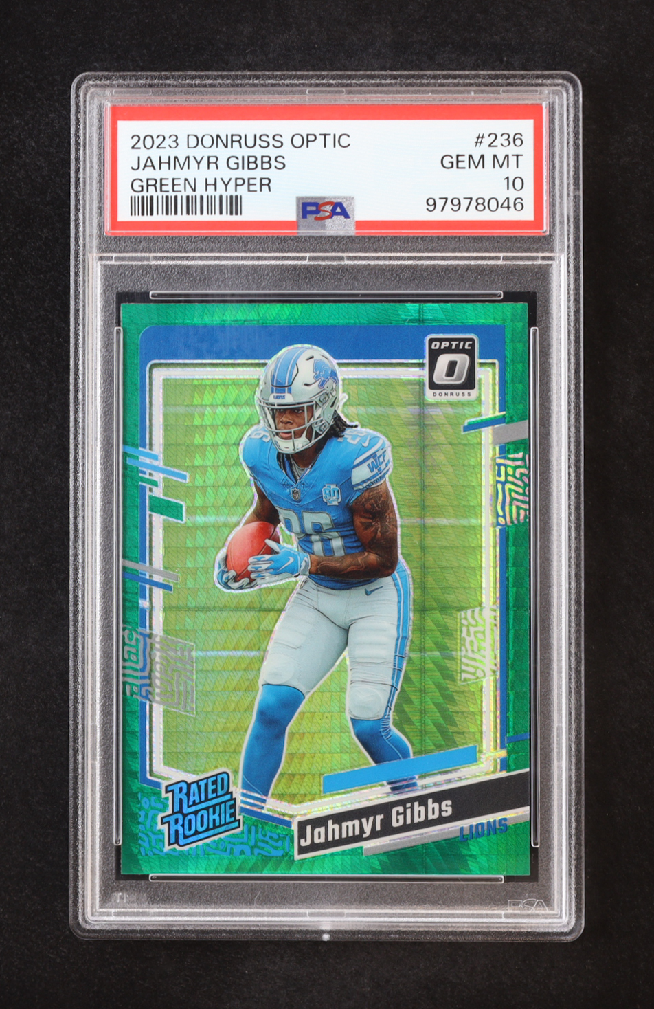 Jahmyr Gibbs 2023 Donruss Optic Green Hyper #236 RR RC (PSA 10) at PristineAuction.com Jahmyr Gibbs 2023 Donruss Optic Green Hyper #236 RR RC (PSA 10) at PristineAuction.com