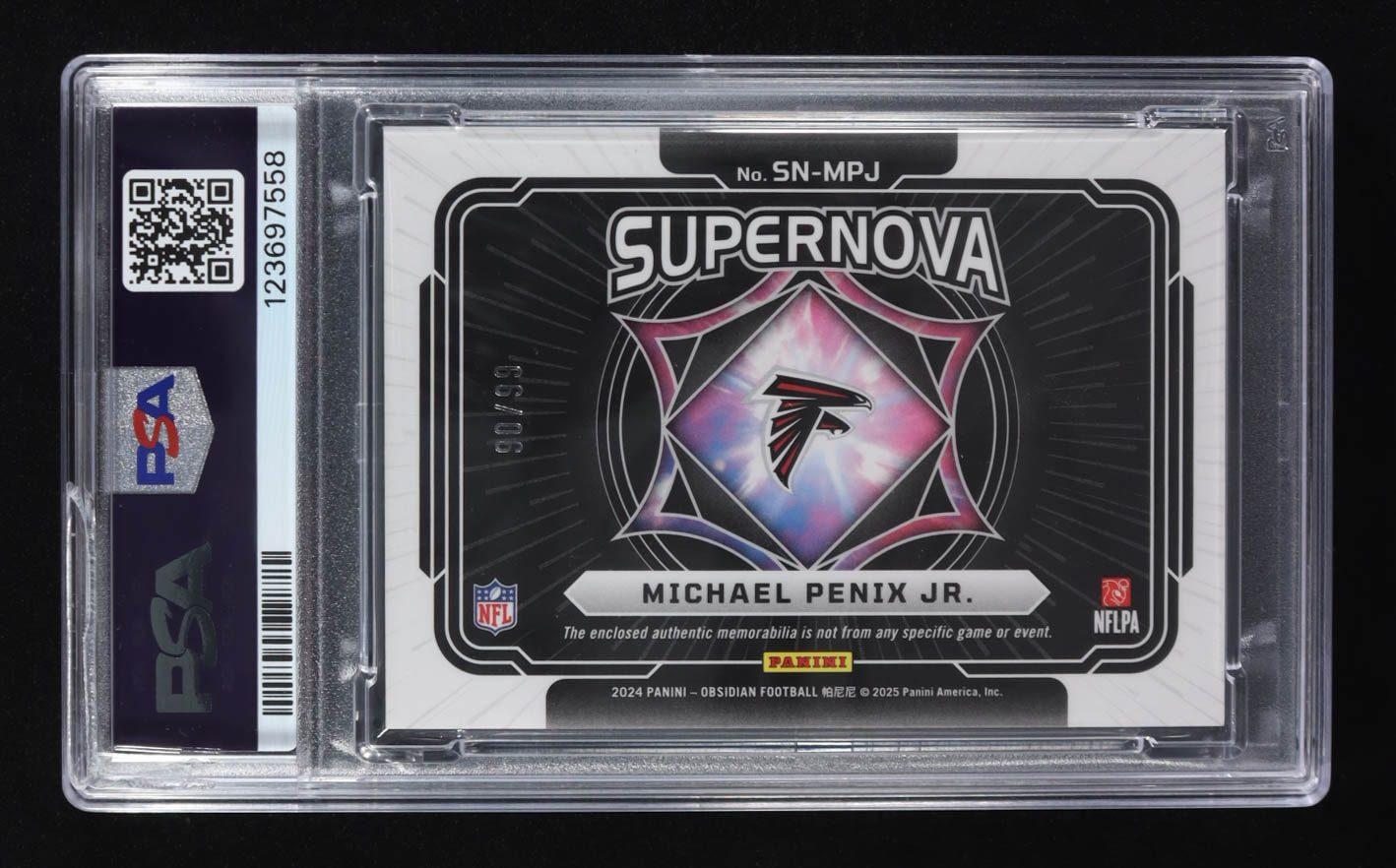Michael Penix Jr. 2024 Panini Obsidian Supernova Swatches Silver #5 #90/99 RC (PSA 9) at PristineAuction.com Michael Penix Jr. 2024 Panini Obsidian Supernova Swatches Silver #5 #90/99 RC (PSA 9) at PristineAuction.com