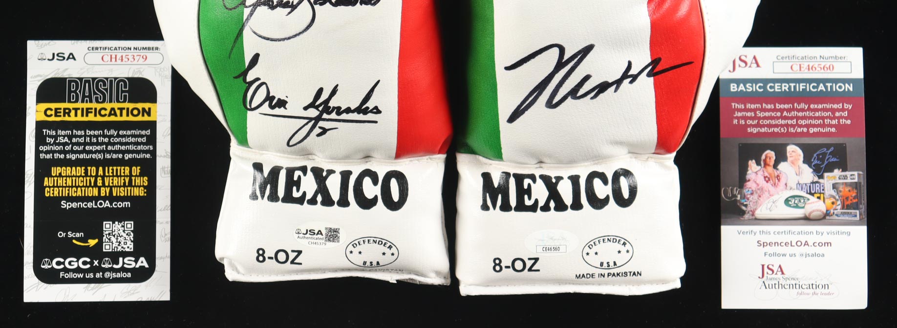 Mexican Boxing Kings | Set of (2) Cleto Reyes Boxing Gloves Signed By (3) With Julio Cesar Chavez, Marco Antonio Barrera, & Erik Morales in Display Case (JSA) at PristineAuction.com Mexican Boxing Kings | Set of (2) Cleto Reyes Boxing Gloves Signed By (3) With Julio Cesar Chavez, Marco Antonio Barrera, & Erik Morales in Display Case (JSA) at PristineAuction.com