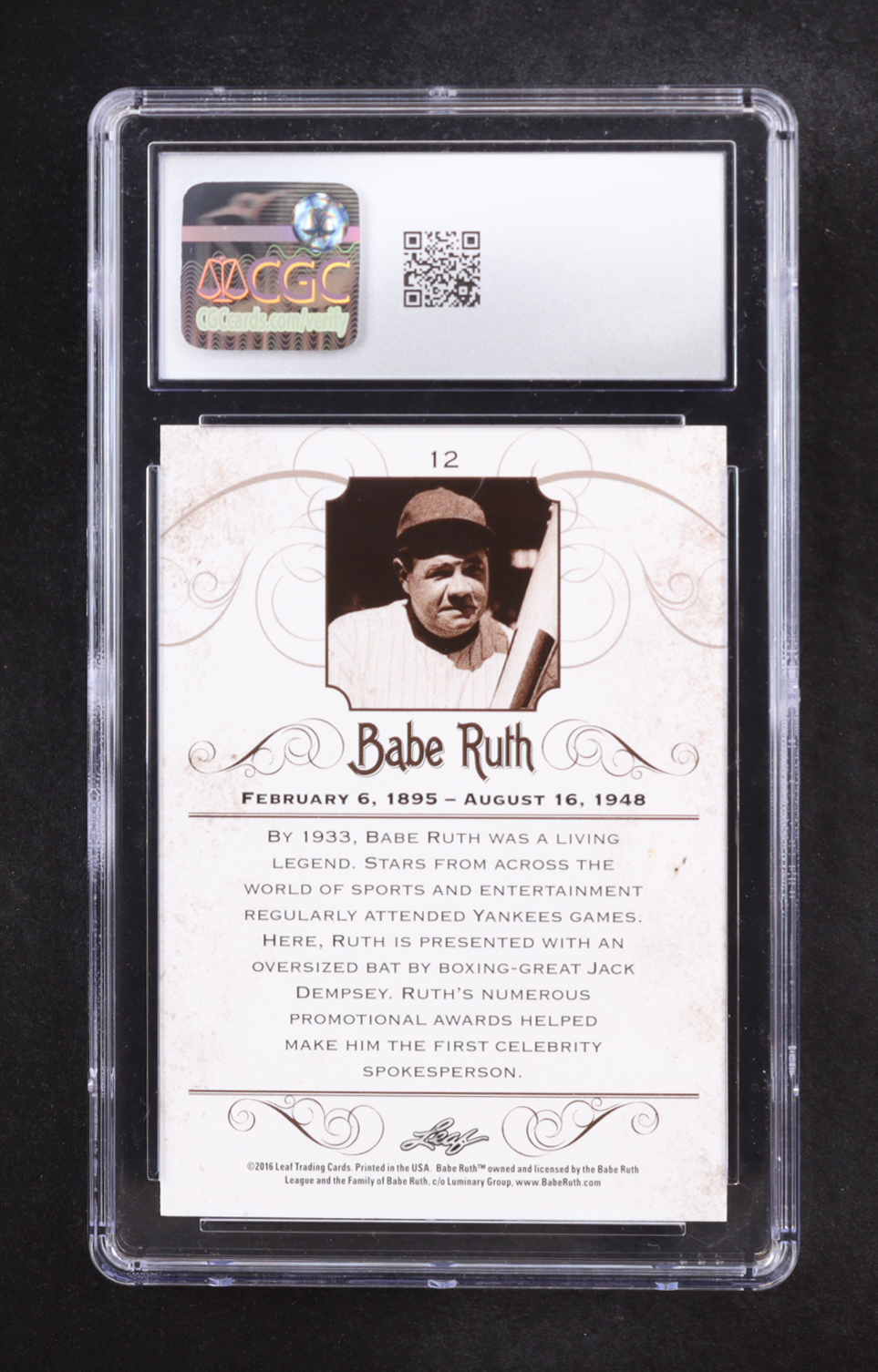 Babe Ruth 2016 Leaf Babe Ruth Collection #12 (CGC 9) at PristineAuction.com Babe Ruth 2016 Leaf Babe Ruth Collection #12 (CGC 9) at PristineAuction.com