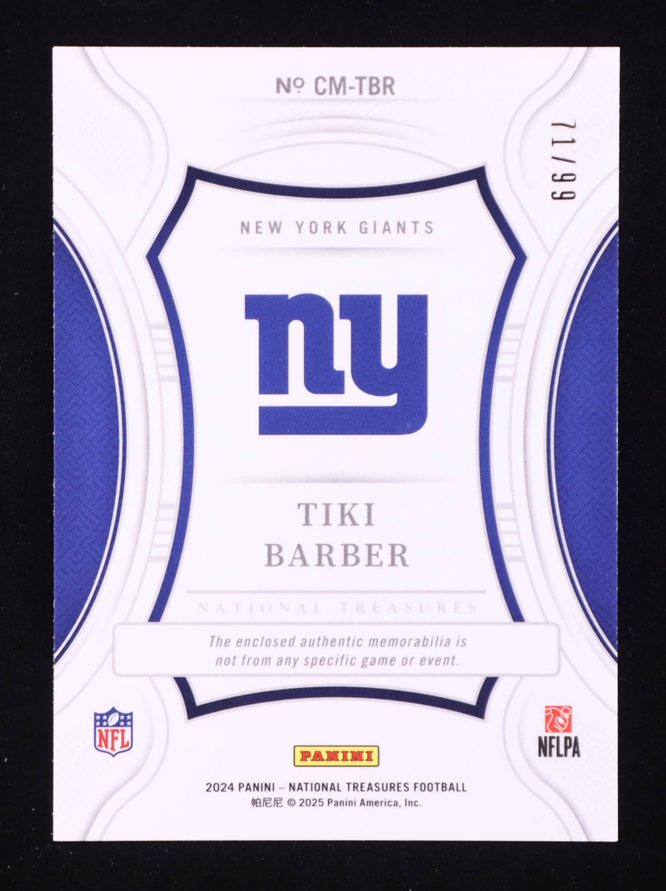 Tiki Barber 2024 Panini National Treasures Century Materials #72 #71/99 at PristineAuction.com Tiki Barber 2024 Panini National Treasures Century Materials #72 #71/99 at PristineAuction.com