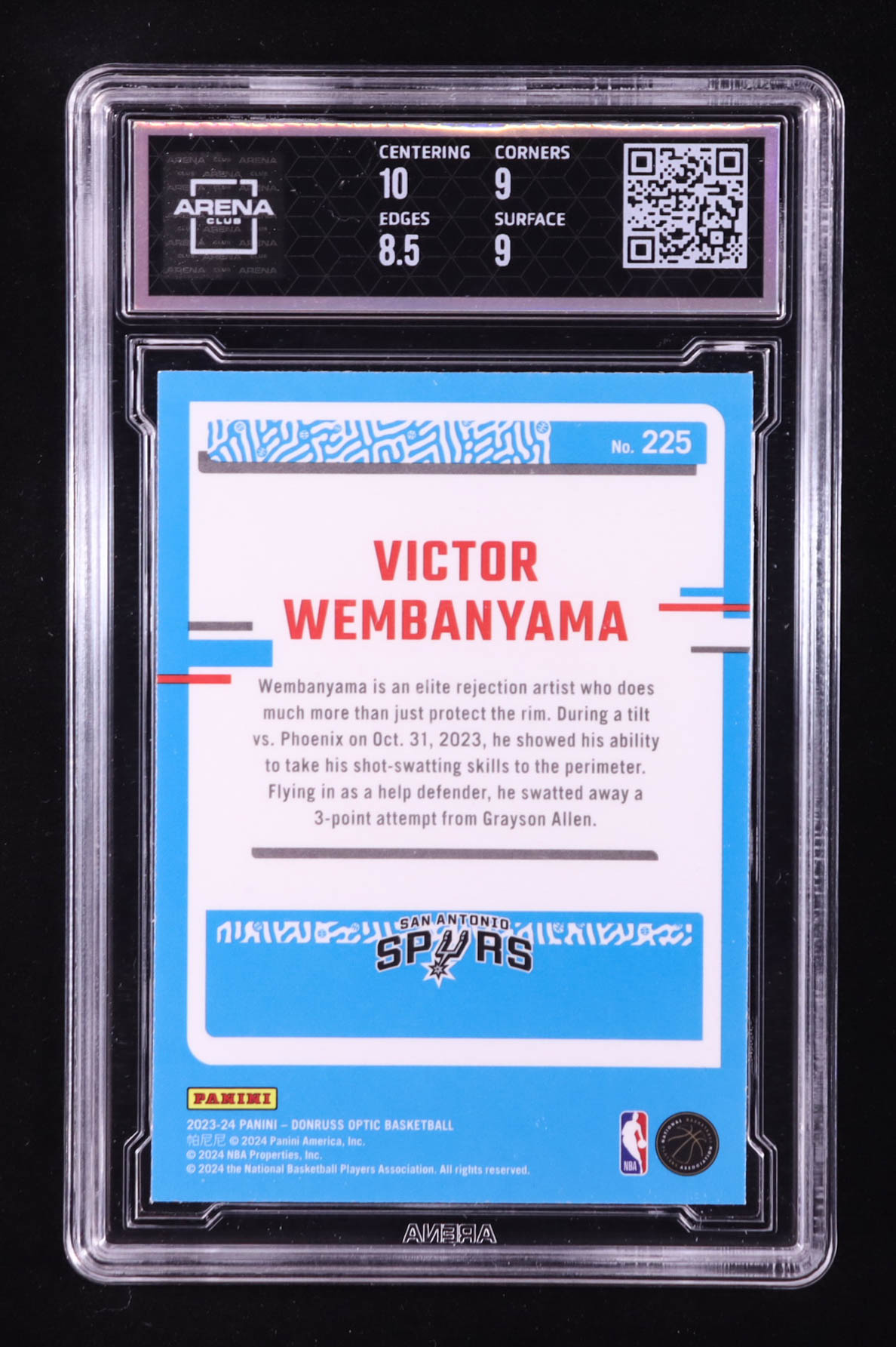 Victor Wembanyama 2023-24 Donruss Optic #225 RR RC (Arena Club 9) at PristineAuction.com Victor Wembanyama 2023-24 Donruss Optic #225 RR RC (Arena Club 9) at PristineAuction.com