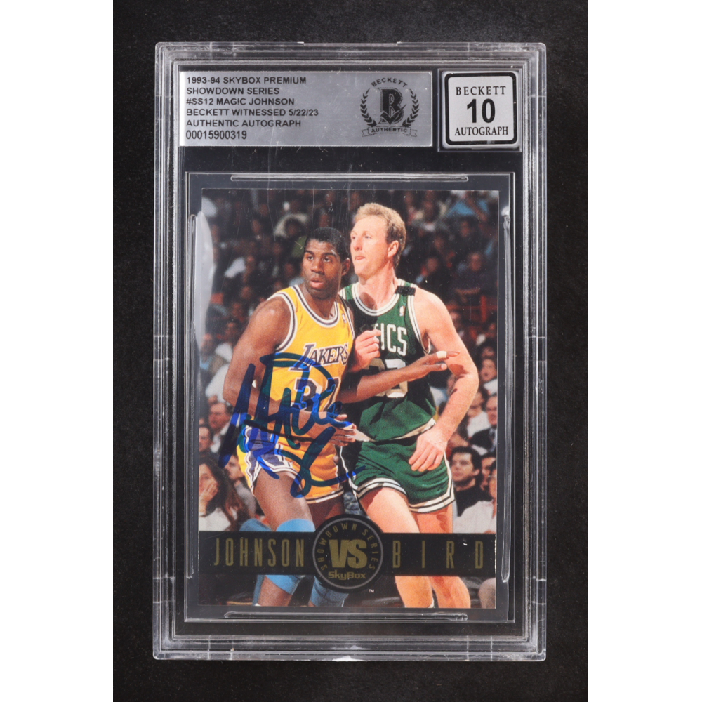 Magic Johnson Signed 1993-94 SkyBox Premium Showdown Series #SS12 Magic Johnson / Larry Bird (BGS | Auto 10) at PristineAuction.com