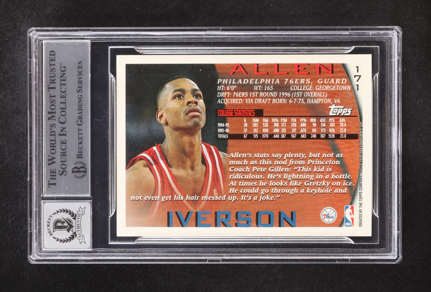 Allen Iverson Signed 1996-97 Topps #171 RC (BGS | Auto 10) at PristineAuction.com Allen Iverson Signed 1996-97 Topps #171 RC (BGS | Auto 10) at PristineAuction.com