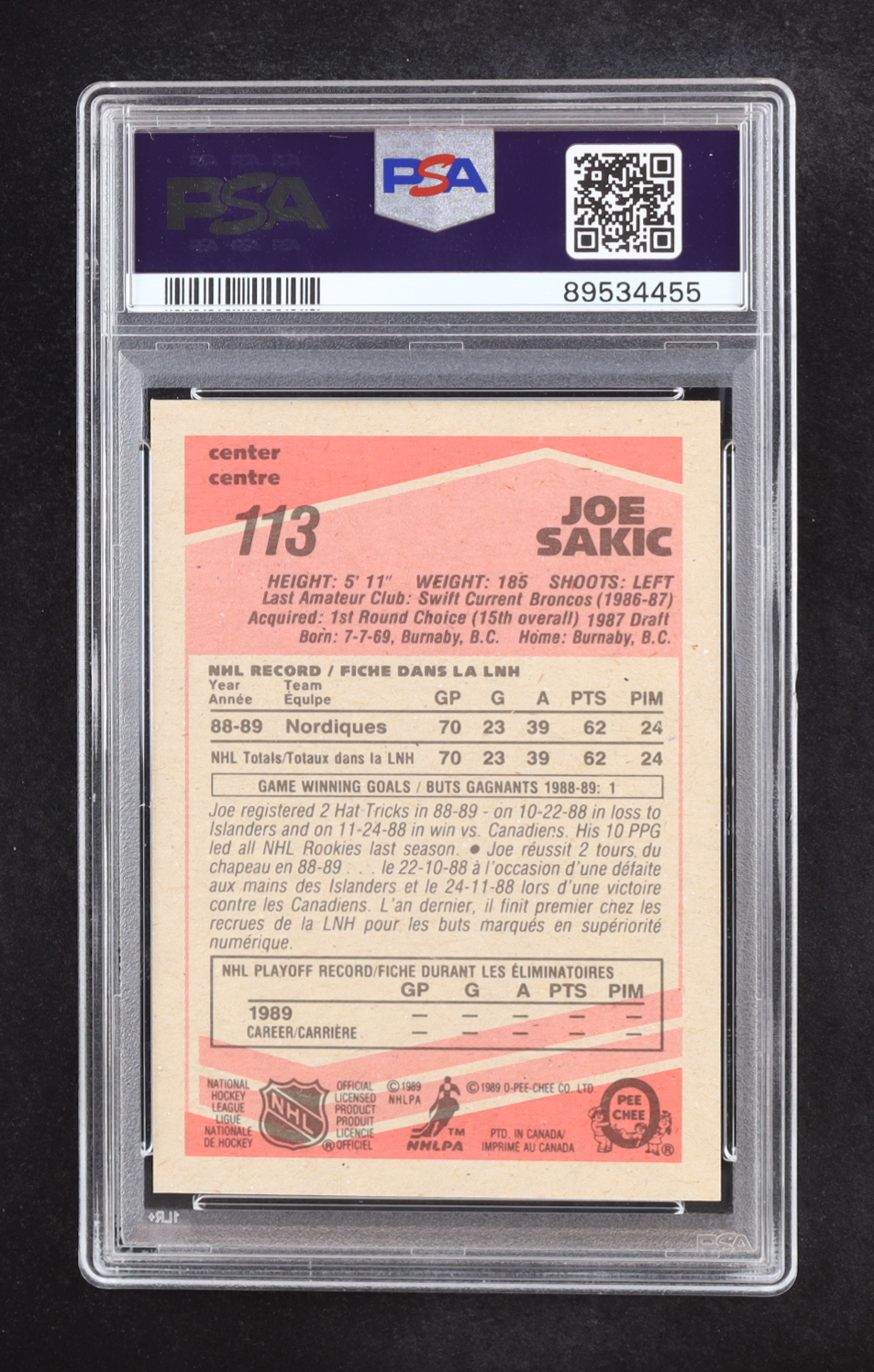 Joe Sakic 1989 O-Pee-Chee #113 RC (PSA 9) at PristineAuction.com Joe Sakic 1989 O-Pee-Chee #113 RC (PSA 9) at PristineAuction.com