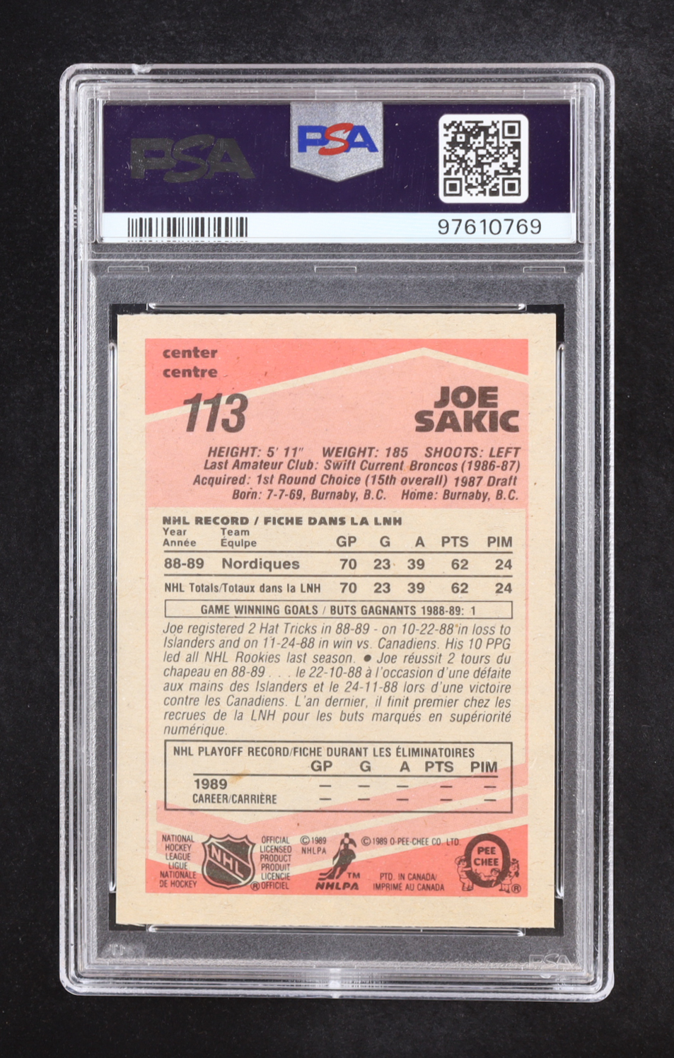 Joe Sakic 1989 O-Pee-Chee #113 RC (PSA 9) at PristineAuction.com Joe Sakic 1989 O-Pee-Chee #113 RC (PSA 9) at PristineAuction.com