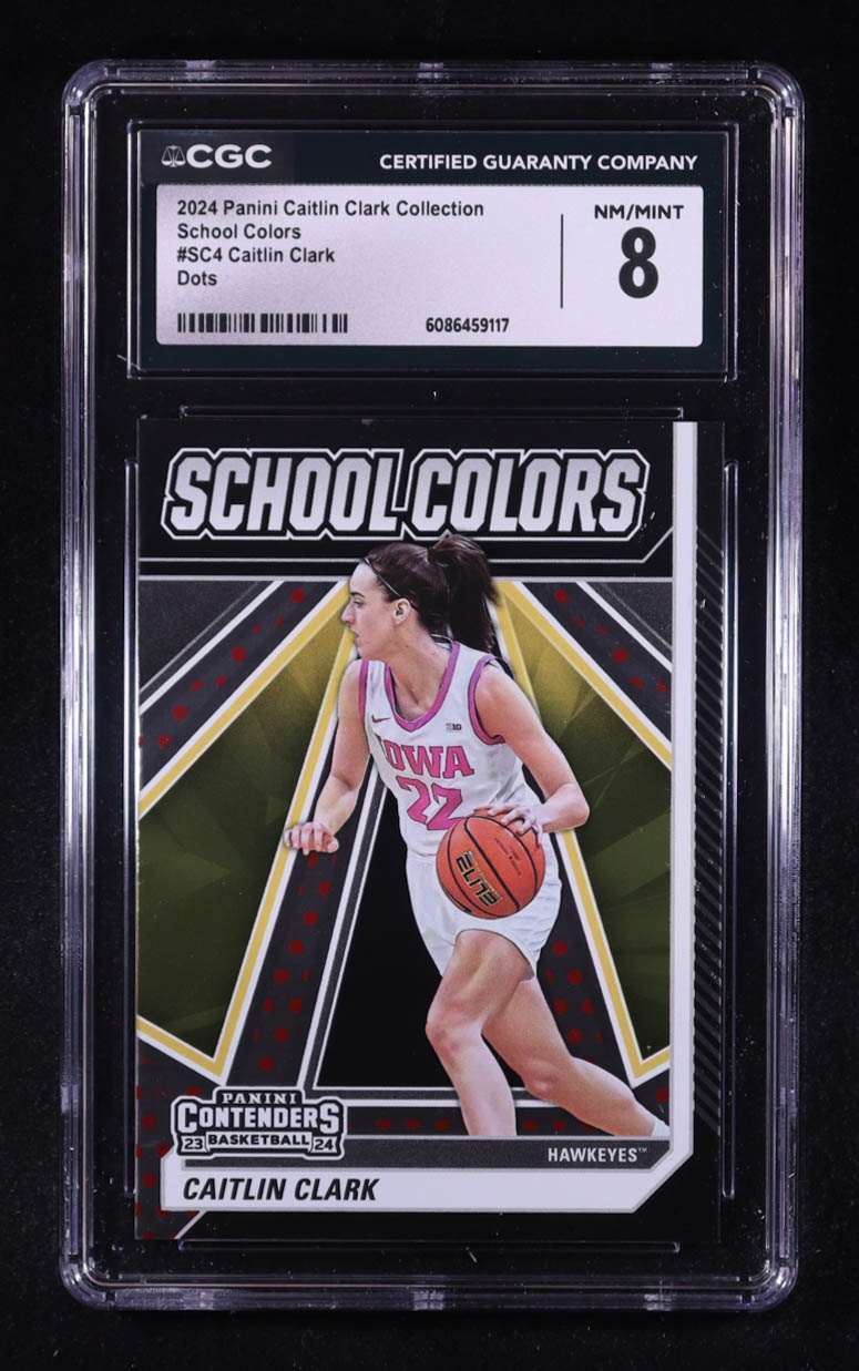 Caitlin Clark 2024 Panini Caitlin Clark Collection Contenders School Colors Dots #SC4 RC (CGC 8) at PristineAuction.com Caitlin Clark 2024 Panini Caitlin Clark Collection Contenders School Colors Dots #SC4 RC (CGC 8) at PristineAuction.com