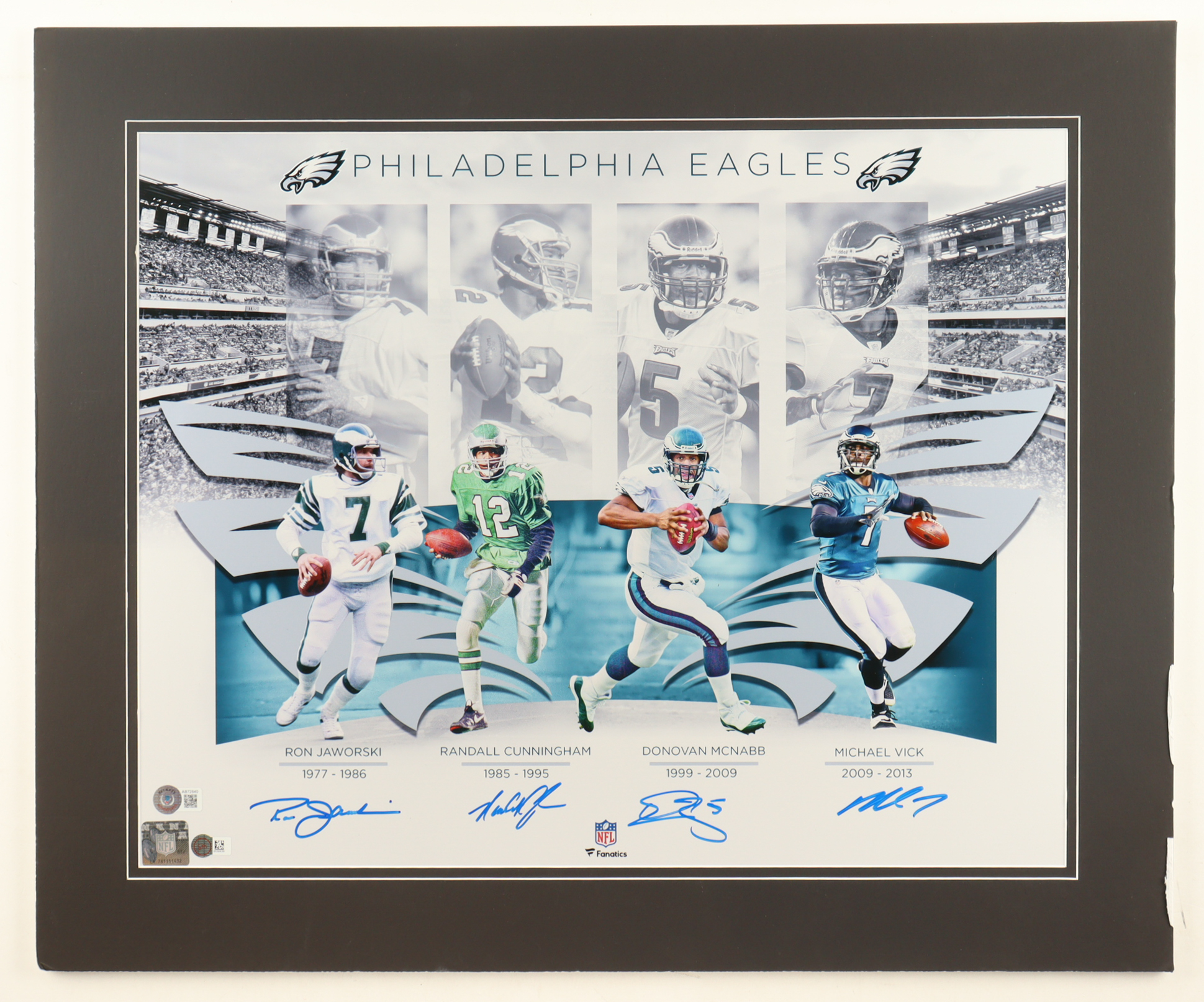 Eagles Quarterbacks Custom Matted Photo Display Signed By (4) with Donovan McNabb, Michael Vick, Randall Cunningham, & Ron Jaworski (Beckett) at PristineAuction.com Eagles Quarterbacks Custom Matted Photo Display Signed By (4) with Donovan McNabb, Michael Vick, Randall Cunningham, & Ron Jaworski (Beckett) at PristineAuction.com