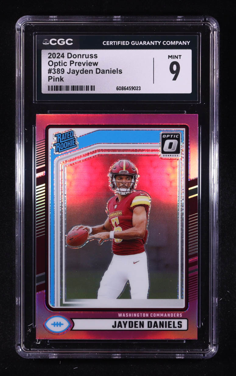 Jayden Daniels 2024 Donruss Optic Rated Rookies Preview Pink #389 RC (CGC 9) at PristineAuction.com Jayden Daniels 2024 Donruss Optic Rated Rookies Preview Pink #389 RC (CGC 9) at PristineAuction.com
