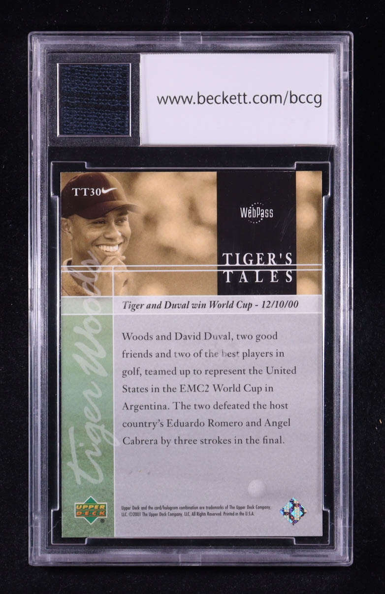 Tiger Woods 2001 Upper Deck Tiger's Tales Tiger Worn Shirt #TT30 RC (BCCG 10) at PristineAuction.com Tiger Woods 2001 Upper Deck Tiger's Tales Tiger Worn Shirt #TT30 RC (BCCG 10) at PristineAuction.com