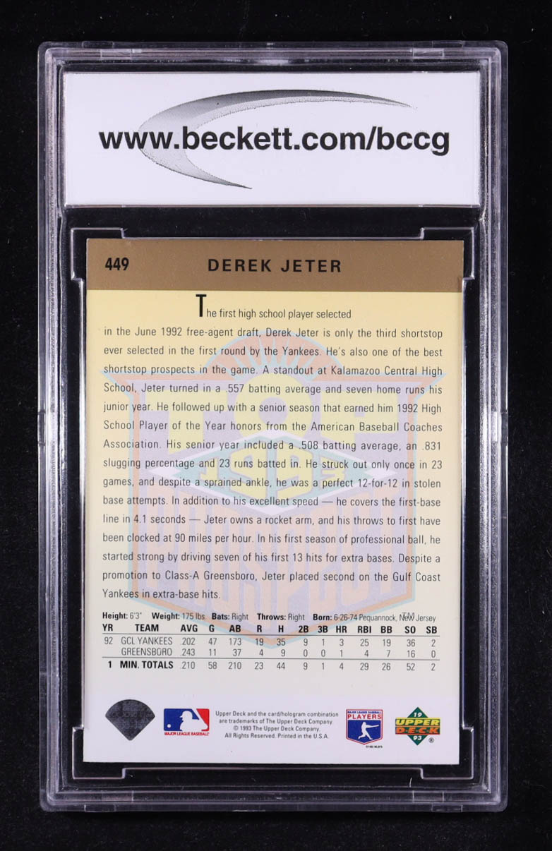 Derek Jeter 1993 Upper Deck #449 RC (BCCG 10) at PristineAuction.com Derek Jeter 1993 Upper Deck #449 RC (BCCG 10) at PristineAuction.com