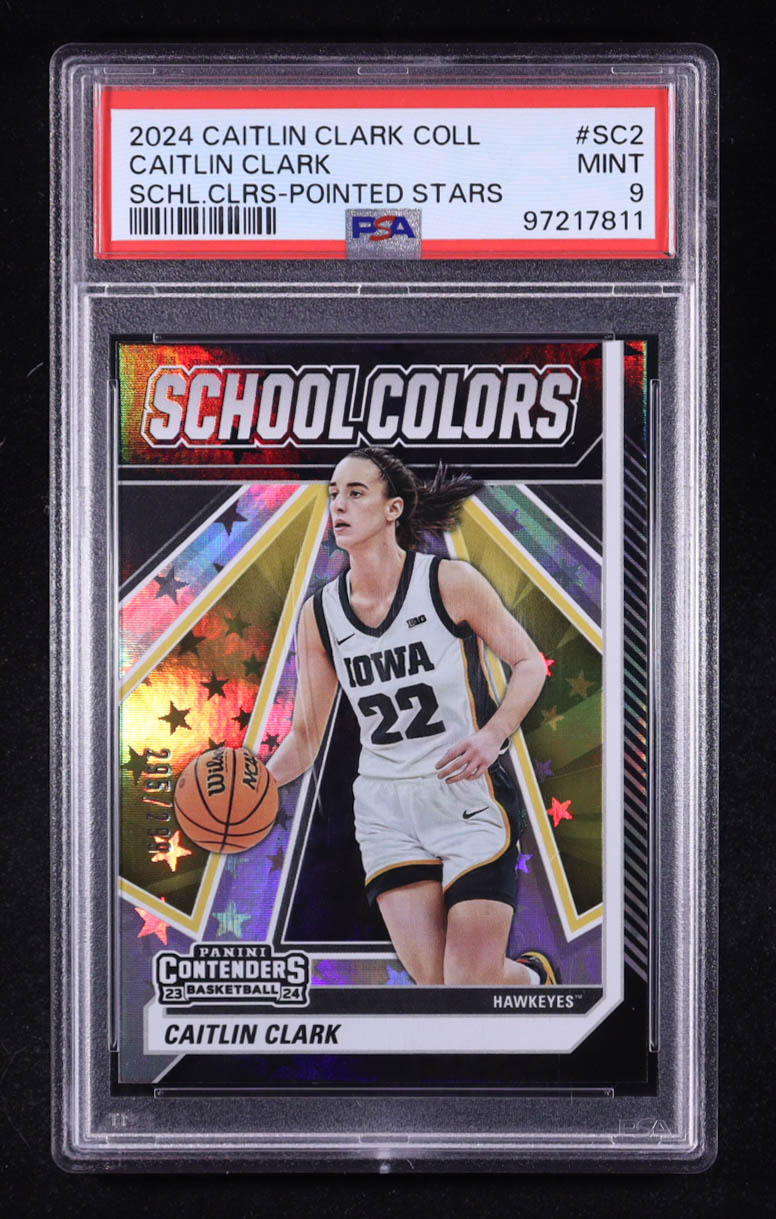 Caitlin Clark 2024 Panini Caitlin Clark Collection Contenders School Colors Pointed Stars #SC2 #295/299 RC (PSA 9) at PristineAuction.com Caitlin Clark 2024 Panini Caitlin Clark Collection Contenders School Colors Pointed Stars #SC2 #295/299 RC (PSA 9) at PristineAuction.com