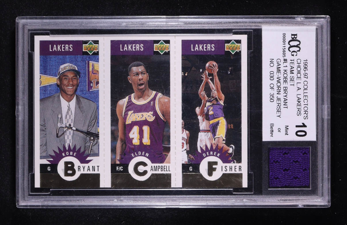 Kobe Bryant/Elden Campbell/Derek Fisher 1996-97 Upper Deck Collector's Choice L.A. Lakers Team Set #L1 RC (BCCG 10) at PristineAuction.com Kobe Bryant/Elden Campbell/Derek Fisher 1996-97 Upper Deck Collector's Choice L.A. Lakers Team Set #L1 RC (BCCG 10) at PristineAuction.com