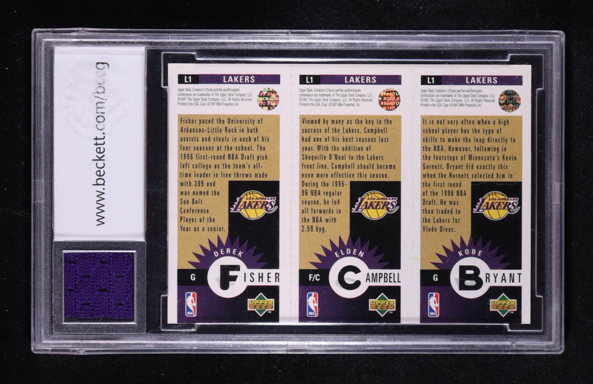 Kobe Bryant/Elden Campbell/Derek Fisher 1996-97 Upper Deck Collector's Choice L.A. Lakers Team Set #L1 RC (BCCG 10) at PristineAuction.com Kobe Bryant/Elden Campbell/Derek Fisher 1996-97 Upper Deck Collector's Choice L.A. Lakers Team Set #L1 RC (BCCG 10) at PristineAuction.com