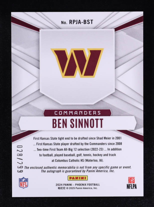 Ben Sinnott 2024 Panini Phoenix Rookie Phenoms Jersey Autographs #36 #028/299 RC at PristineAuction.com Ben Sinnott 2024 Panini Phoenix Rookie Phenoms Jersey Autographs #36 #028/299 RC at PristineAuction.com