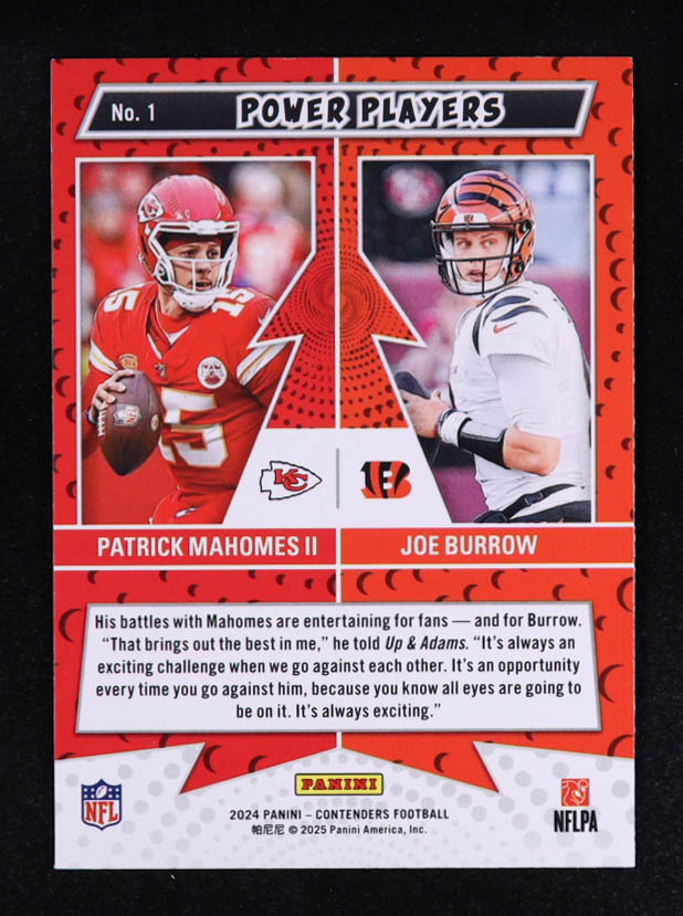 Joe Burrow / Patrick Mahomes II 2024 Panini Contenders Power Players #1 at PristineAuction.com Joe Burrow / Patrick Mahomes II 2024 Panini Contenders Power Players #1 at PristineAuction.com