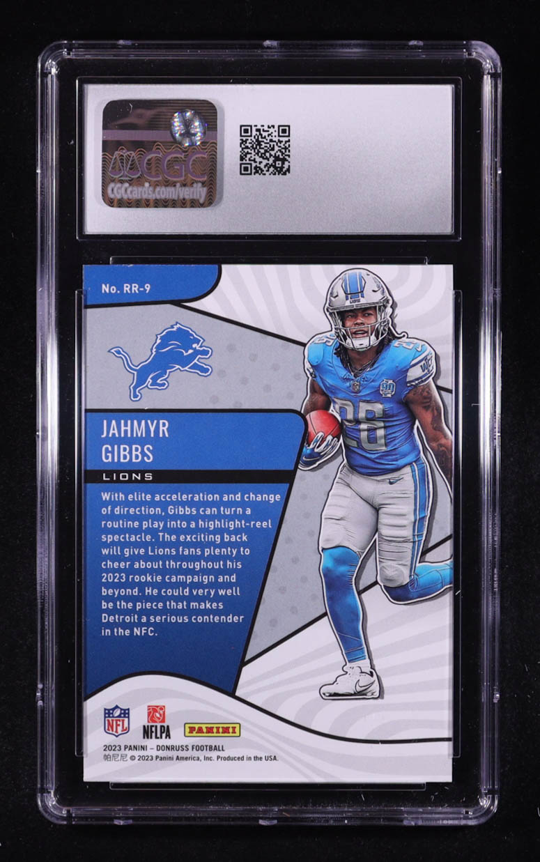 Jahmyr Gibbs 2023 Donruss Rookie Revolution #9 RC (CGC 10) at PristineAuction.com Jahmyr Gibbs 2023 Donruss Rookie Revolution #9 RC (CGC 10) at PristineAuction.com
