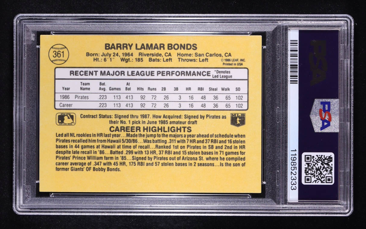 Barry Bonds 1987 Donruss #361 RC (PSA 9) at PristineAuction.com Barry Bonds 1987 Donruss #361 RC (PSA 9) at PristineAuction.com