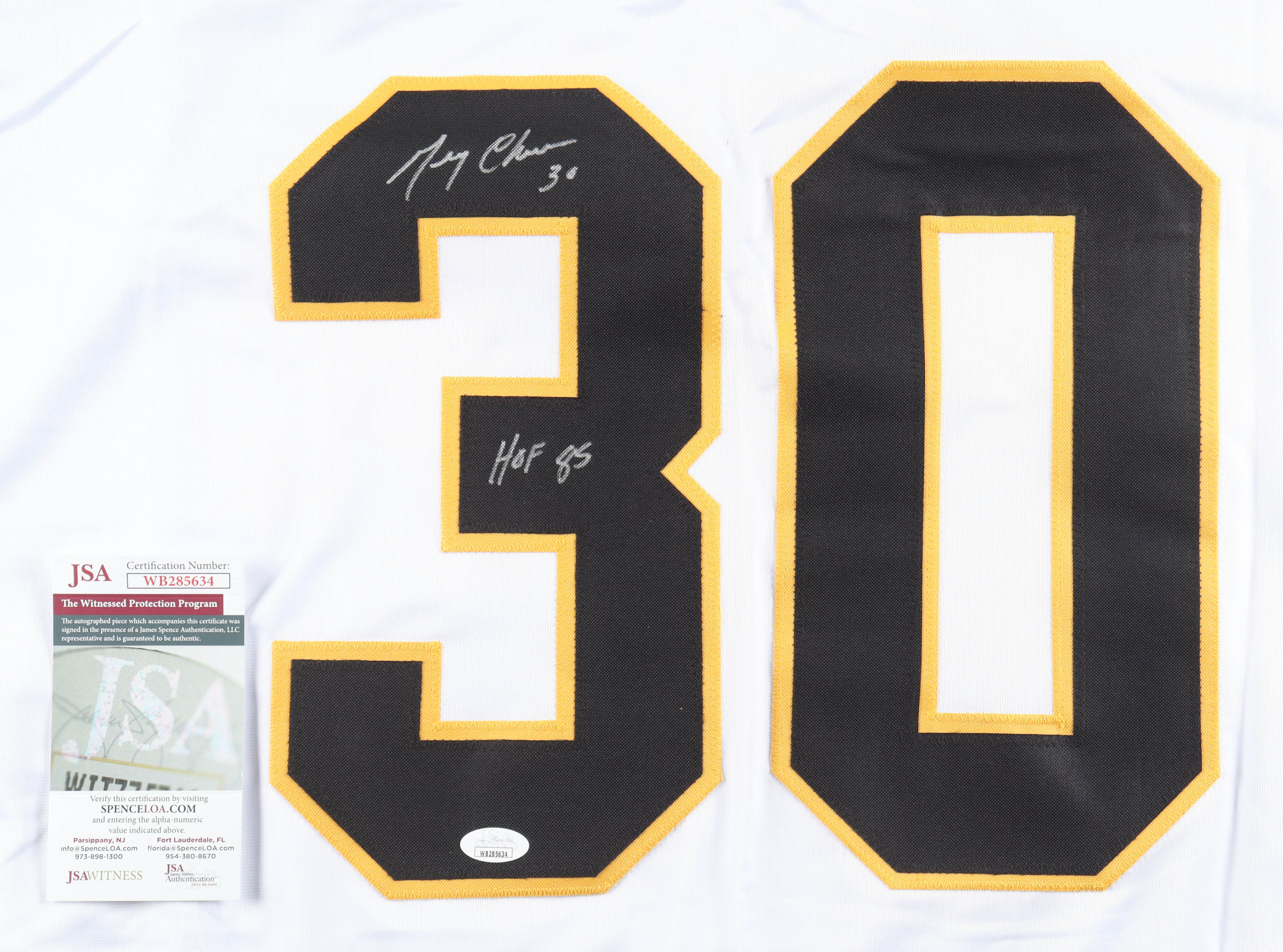 Gerry Cheevers Signed Jersey Inscribed "HOF 85" (JSA) at PristineAuction.com Gerry Cheevers Signed Jersey Inscribed "HOF 85" (JSA) at PristineAuction.com