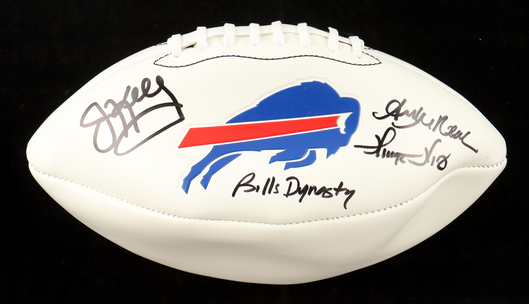Jim Kelly, Thurman Thomas, & Andre Reed Signed Bills Logo Football Inscribed "Bills Dynasty" (Beckett) at PristineAuction.com Jim Kelly, Thurman Thomas, & Andre Reed Signed Bills Logo Football Inscribed "Bills Dynasty" (Beckett) at PristineAuction.com