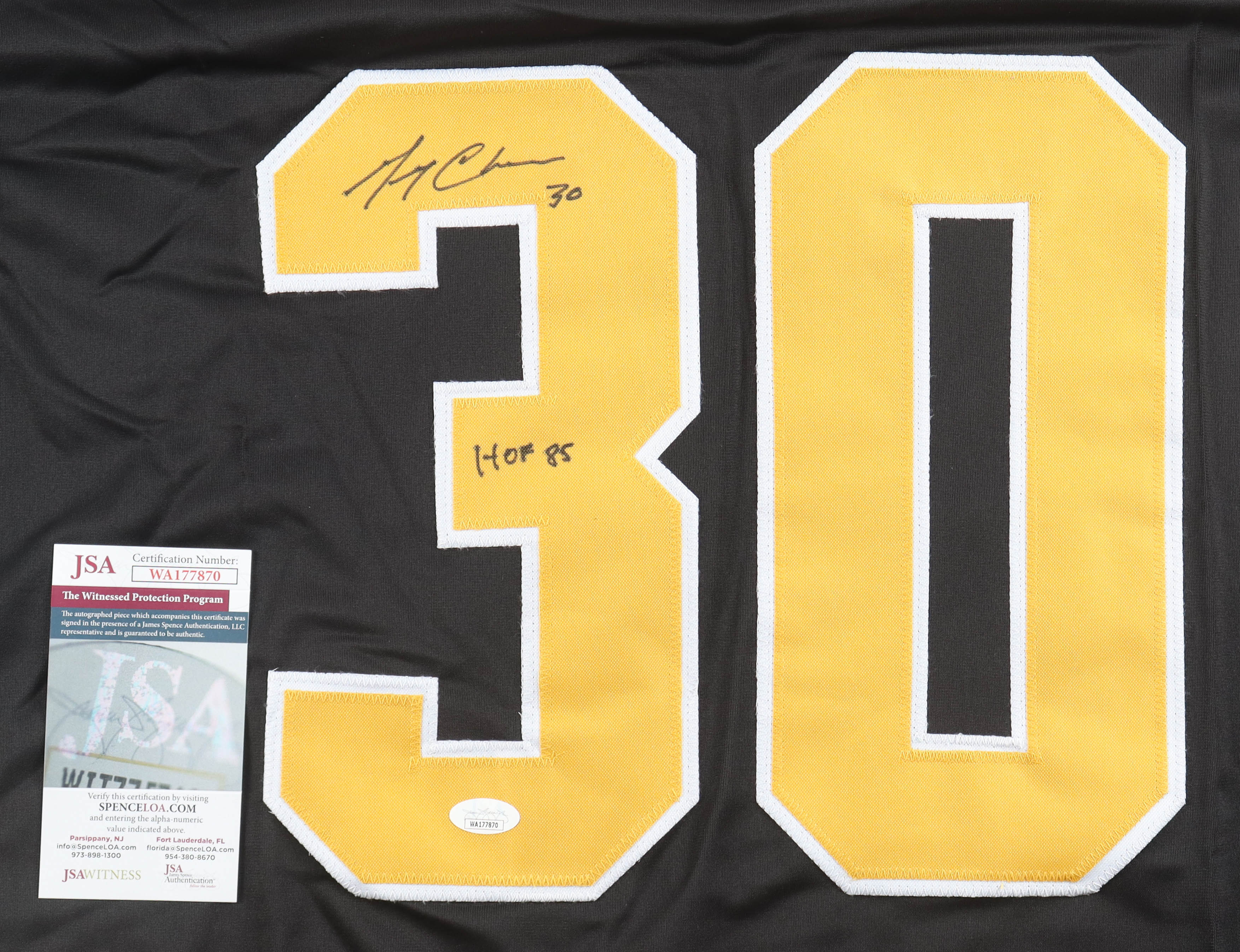 Gerry Cheevers Signed Jersey Inscribed "HOF 85" (JSA) at PristineAuction.com Gerry Cheevers Signed Jersey Inscribed "HOF 85" (JSA) at PristineAuction.com