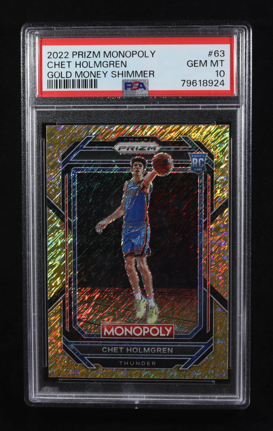 Chet Holmgren 2022 Panini Prizm Monopoly Gold Money Shimmer #63 RC (PSA 10) at PristineAuction.com Chet Holmgren 2022 Panini Prizm Monopoly Gold Money Shimmer #63 RC (PSA 10) at PristineAuction.com