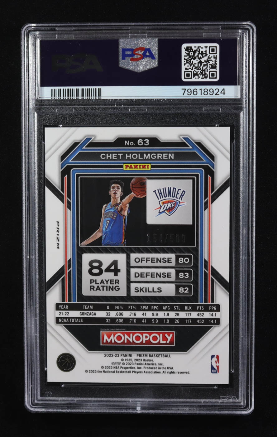 Chet Holmgren 2022 Panini Prizm Monopoly Gold Money Shimmer #63 RC (PSA 10) at PristineAuction.com Chet Holmgren 2022 Panini Prizm Monopoly Gold Money Shimmer #63 RC (PSA 10) at PristineAuction.com