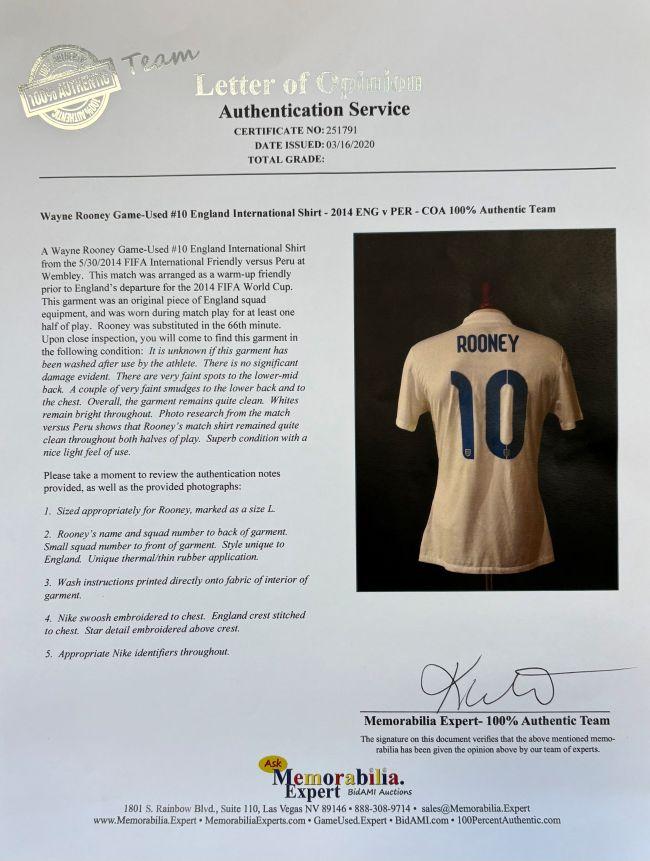 Wayne Rooney 2014 Game-Used England Nike Authentic Jersey (Memorabilia Expert) at PristineAuction.com Wayne Rooney 2014 Game-Used England Nike Authentic Jersey (Memorabilia Expert) at PristineAuction.com