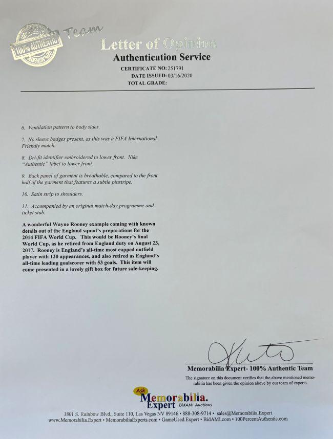 Wayne Rooney 2014 Game-Used England Nike Authentic Jersey (Memorabilia Expert) at PristineAuction.com Wayne Rooney 2014 Game-Used England Nike Authentic Jersey (Memorabilia Expert) at PristineAuction.com