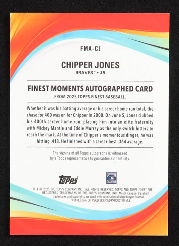 Chipper Jones 2025 Finest Moments Autographs Green Refractors #FMACJ #53/75 at PristineAuction.com Chipper Jones 2025 Finest Moments Autographs Green Refractors #FMACJ #53/75 at PristineAuction.com